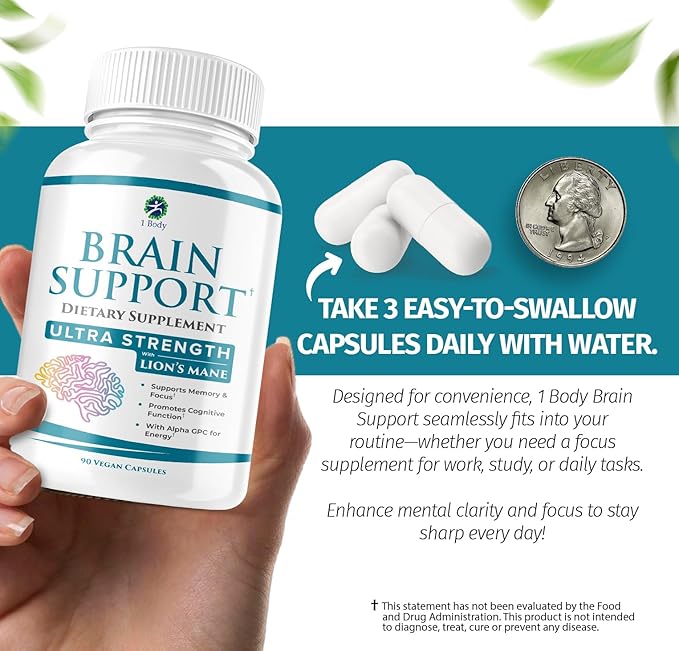 1 Body Brain Supplement Capsules with Lions Mane for Memory and Focus - Nootropics, Alpha GPC, Bacopa Monnieri