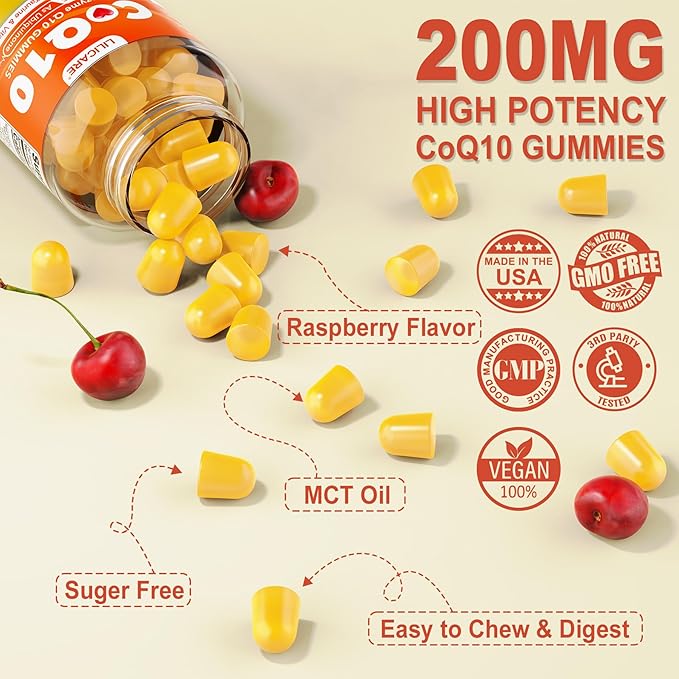 Sugar-Free CoQ10 200mg Gummies - Coenzyme Q10 w/Taurine, Vitamin E, C, B6, B12, Zinc - High Absorption CoQ10 Supplement for Antioxidant, Cellular Energy & Hear-t Health, Vegan 120 C