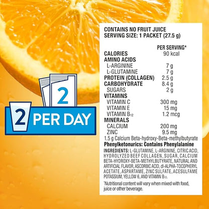 Juven Therapeutic Nutrition Drink Powder Including Collagen Peptides, Amino Acids, and HMB For Wound Healing Support, Orange, 48 Packets