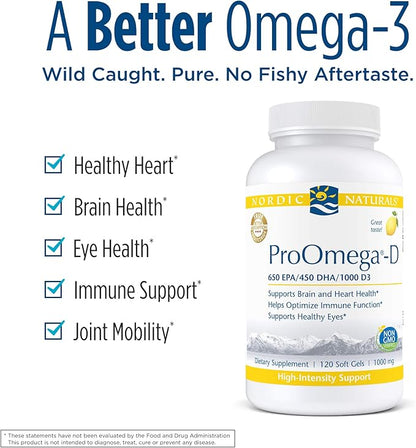 Nordic Naturals ProOmega-D, Lemon Flavor - 120 Soft Gels - 1280 mg Omega-3 + 1000 IU D3 - High-Potency Fish Oil - EPA & DHA - Brain, Eye, Heart, & Immune Health - Non-GMO - 60 Servings