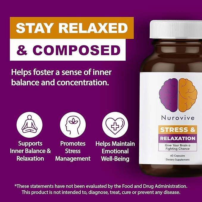 Stress & Relaxation, Mental Focus Supplement, Lemon Balm Capsules with Ashwagandha for Men/Women, Daily Wellness Support, Ashwagandha Pills with Ginseng, Chamomile & More, 60 Capsules