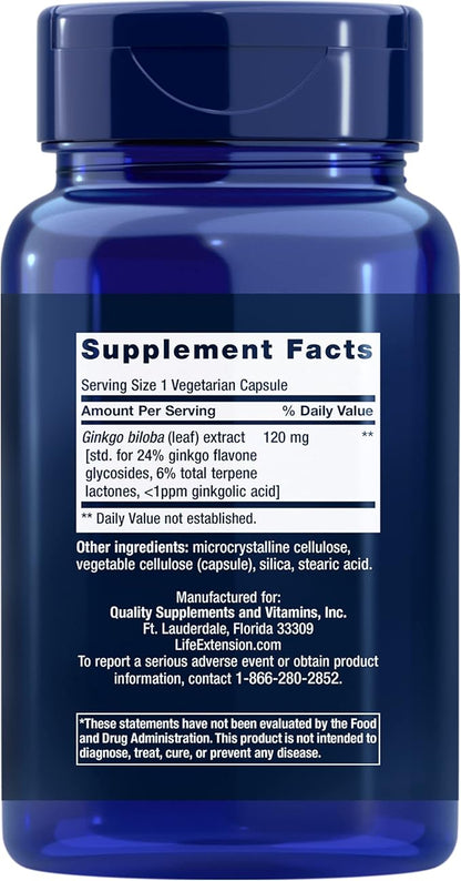 Life Extension Ginkgo Biloba Certified Extract™, 120 mg, Helps Maintain Memory & cognition, Gluten-Free, Non-GMO, Vegetarian, 365 Capsules