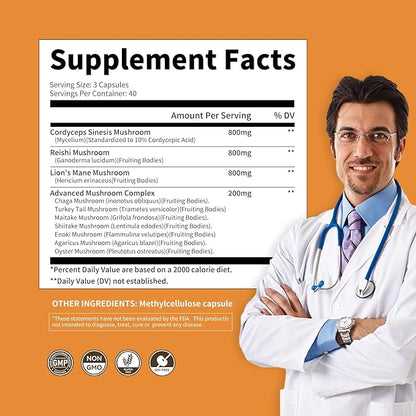 Mushroom Complex Supplement 2600mg, 120 Capsules - 10 Mushrooms Blend - Reishi, lions mane supplement capsules,Lions Mane, Cordyceps, Chaga, Turkey Tail, Maitake, Shiitake, Oyster Nootropic Complex