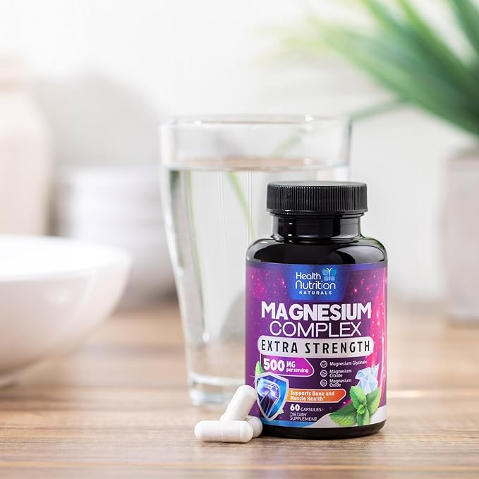 Magnesium Supplement Citrate Capsules 500mg with Glycinate, Oxide, Malate, Citrate - for Muscle, Nerve, Bone and Heart Health Support - High Absorption Glycinate Complex, Gluten Free - 60 Capsules