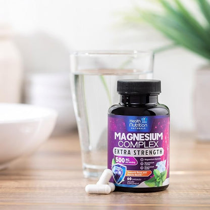 Magnesium Supplement Citrate Capsules 500mg with Glycinate, Oxide, Malate, Citrate - for Muscle, Nerve, Bone and Heart Health Support - High Absorption Glycinate Complex, Gluten Free - 60 Capsules