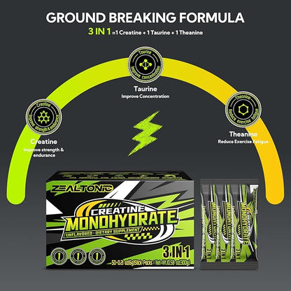 5000mg 99.9% Micronized Creatine Monohydrate Powder Stick Packs with 800mg of Taurine, and 200mg of L-theanine Supports Strength, Lean Muscle, & Recovery for Men & Women Creatine Packets 50 Servings