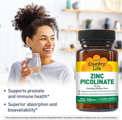Country Life Zinc Picolinate 25 mg - Superior Absorption Zinc Supplement for Immune Support, Prostate Health & Cellular Wellness - Certified Gluten-Free, Vegan & Halal, Non-GMO - 100 Tablets