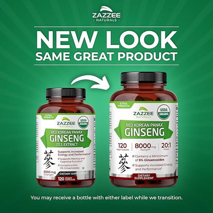 Zazzee USDA Organic Red Korean Panax Ginseng 20:1 Extract, 8000 mg Strength, 5% Ginsenosides, 120 Vegan Capsules, Standardized and Concentrated 20X Root Extract, 100% Vegetarian, All-Natural, Non-GMO