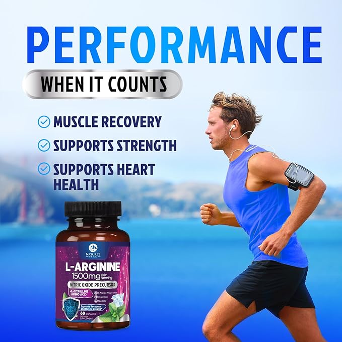 L-Arginine 1000mg Supplement Supports Heart Health - Premium Muscle Supporting Nitric Booster for Strength & Energy to Train Harder - Nature's Non-GMO, Gluten-Free Amino Acid Blend - 60 Capsules