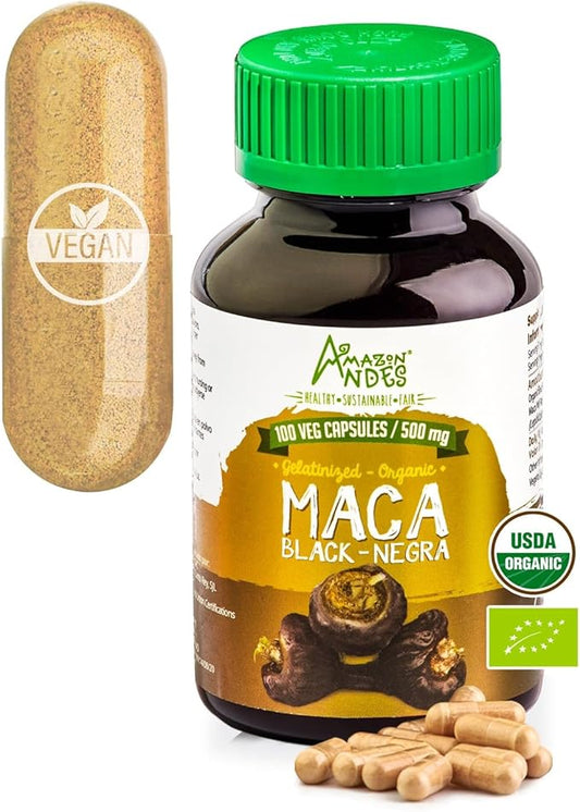 Black Maca Root Capsules l Organic Vegan Pills l 1500mg per Serving l Reproductive Health for Men l Natural Energy Booster l Adaptogen Function l Non GMO and Gluten Free l Amazon Andes
