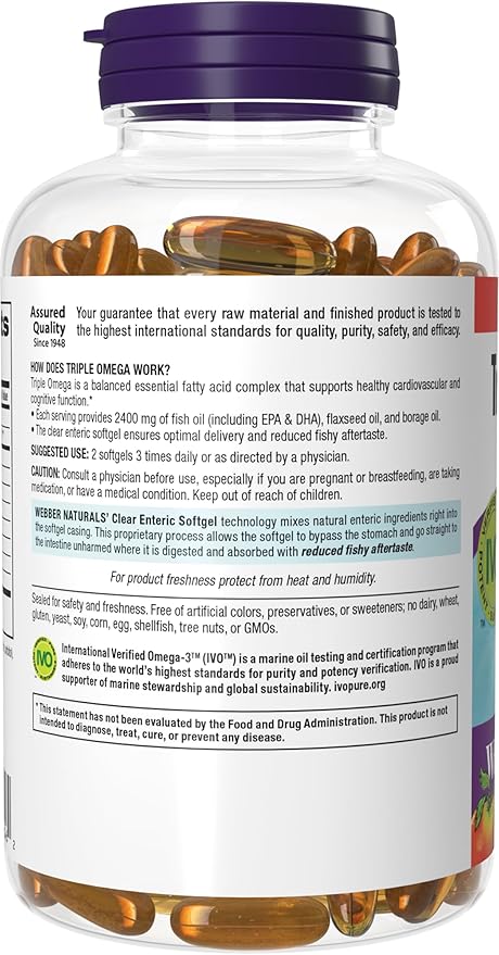 Webber Naturals Triple Omega 3-6-9, 2400 mg Fish Oil Per Serving, High Potency, 180 Softgels, No Fishy Aftertaste, Ultra-Purified, for Heart, Brain and Cardiovascular Health, Shellfish-Free