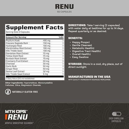 MTN OPS Renu for Gentle Digestive Cleanse, Psyllium Husk Powder for Digestive Health & Metabolism Booster, 60 Capsules, 30 Servings