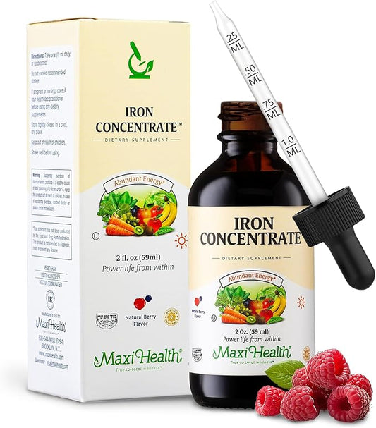 Maxi Health Women, Men and Kids Liquid Iron Supplement - 15 mg Per ML Berry Flavored - High Potency - Easy to Mix for Immediate Absorption - Increase Energy Without Nausea - 2 fl Ounces