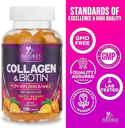 Collagen Gummies with 2500mcg Biotin, Vitamin C & Zinc - Hydrolyzed Collagen Peptide Type 1 & 3 Supplement - Advanced Hair, Skin & Nail Growth Support for Women & Men, Gluten Free, Non-GMO - 120 Count