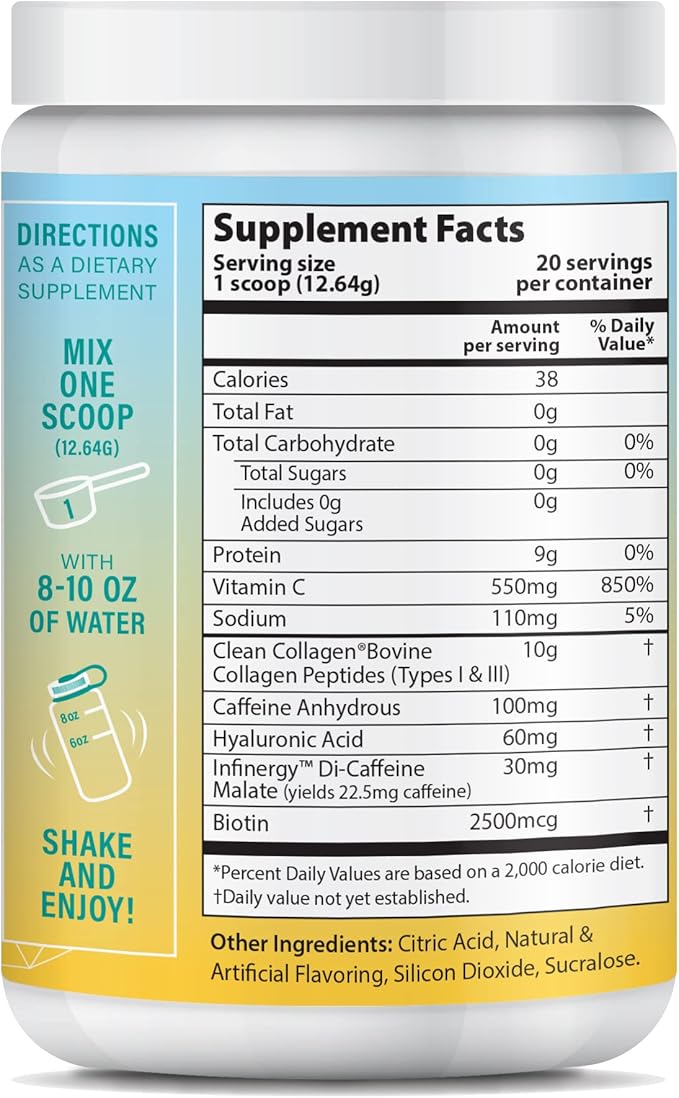 Peptide Energy Collagen Powder Hair, Nail, Skin, Type I & III,Caffeine for Energy, Vitamin C, Biotin, Hyaluronic Acid, Zero Sugar – 8.92 oz (Pina Colada)