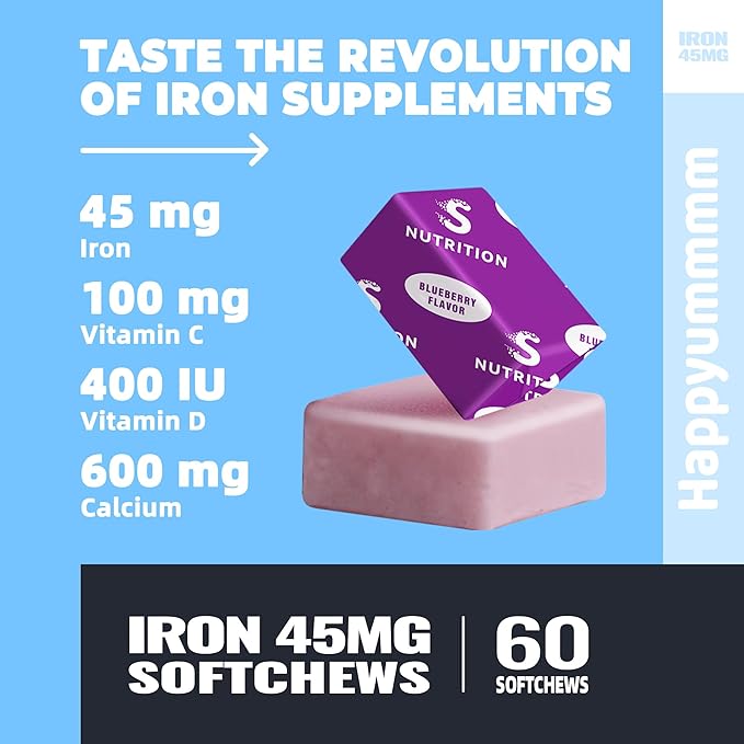 Iron Soft Chews Supplement with Vitamin C | Blueberry Flavored | Gluten Free | Iron Supplement for Women Men and Kids | 60 Count | 2 Month Supply