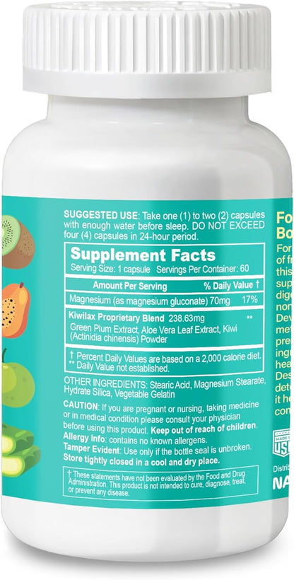 Easylax - Supports Healthy Bowel Movements, Digestive Health & Natural Elimination - Gentle and Safe with Magnesium & Kiwi Proprietary Blend - 60 Vegan Capsules, 60 Day Supply
