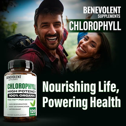 Benevolent Chlorophyll Capsules 350mg - 100% Natural + Ultra Chlorophyll 20x Potency Concentration for Energy Boost, Immune Support, Internal Deodorant, Skin Health, Non-GMO, 120 Capsules