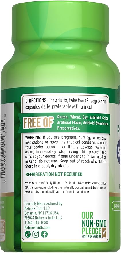 Nature's Truth Probiotic 50 Billion CFU | 200mg Prebiotics | 60 Capsules | Vegetarian, Non-GMO & Gluten Free Supplement for Men and Women | Supports Digestive Health