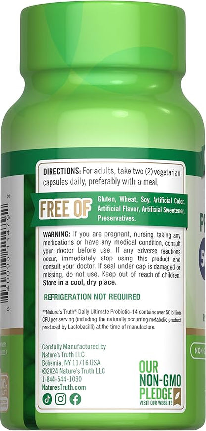 Nature's Truth Probiotic 50 Billion CFU | 200mg Prebiotics | 60 Capsules | Vegetarian, Non-GMO & Gluten Free Supplement for Men and Women | Supports Digestive Health