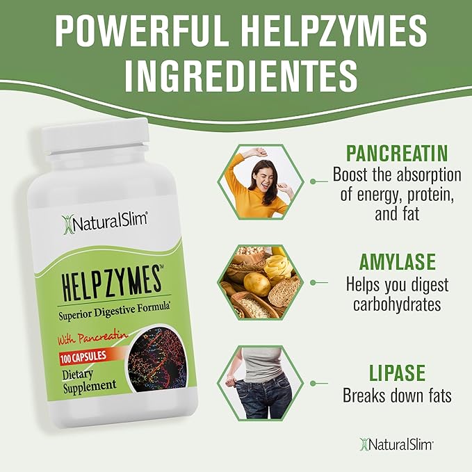 NaturalSlim Digestive Enzymes for Women & Men - Helpzymes Essential Enzymes for Digestion, Gut Health, Gas Bloating Relief with Bromelain, Ox Bile, Pancreatin. & Betaine HCL - 100 Capsules 3 Pack