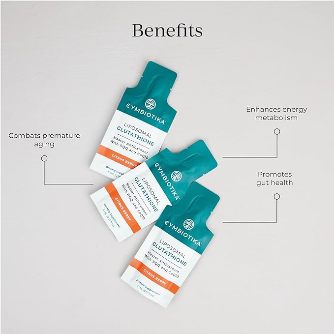 CYMBIOTIKA Glutathione with PQQ & CoQ10, USA Made, Liposomal Delivery, Glutathione Supplement, for Energy, Gut Health & Immune Support, Natural Antioxidant for Men & Women, Citrus Berry, 25 Pack