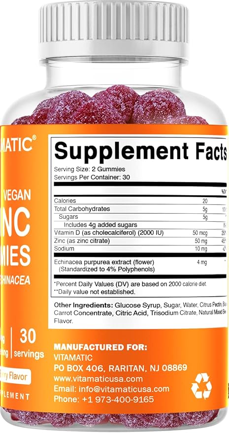 Vitamatic Zinc 50mg Gummies – 60 Vegan Gummies – Gluten-Free – 2 Pack (120 Gummies Total)