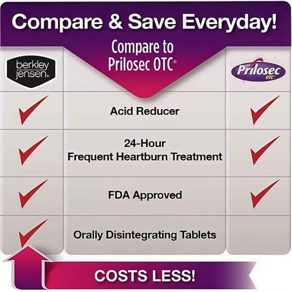 Berkley Jensen Omeprazole 20 mg, Delayed Release Dissolving Acid Reducer Pills - 3 x 14-Day Regimen, 24-Hour Effect - Heartburn Relief, Eases Acid Reflux - Strawberry Flavor 42-Count