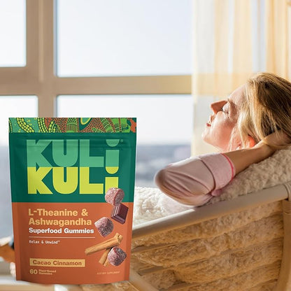 Kuli Kuli Super Gummies - Calming Supplements with Ashwagandha, L-Theanine & Cacao - Helps Support Relaxation & Rejuvenation - 60 Non-GMO, Gluten-Free Gummies
