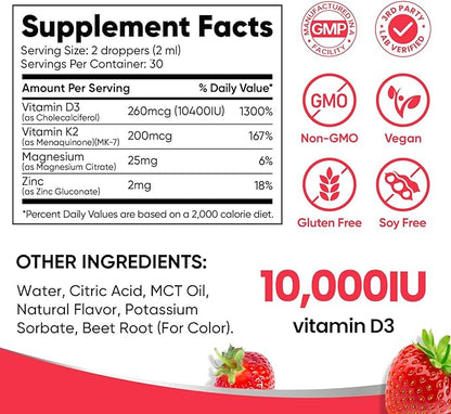 Venture Pal Vitamin D3 10000 IU Drops Plus K2 200 mcg with Magnesium, MCT Oil, Zinc, Vitamin D Liquid |Maximum Absorption for Bone, Mood & Immune Health (Strawberry, 2 Fl Oz)