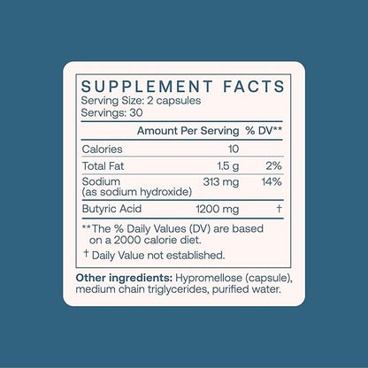 BodyBio Butyrate Supplement - Postbiotic for Gut Microbiome Health, Digestion and Regulation Support - Butyric Acid with Sodium - 100 Capsules
