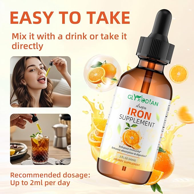 Iron Liquid Drops for Women & Men - 18mg High Absorption Liquid Iron Supplement for Anemia, Red Blood Cell, Energy Support & Immune Health, Vegan, Non-GMO, Natural Orange Flavor (2 Fl Oz)