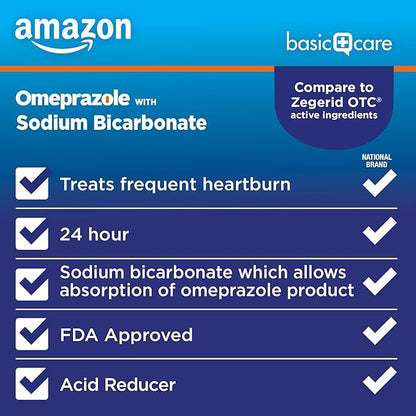 Amazon Basic Care Omeprazole and Sodium Bicarbonate Capsules, 20 mg/1100 mg, 24-Hour Frequent Heartburn Medicine, Acid Reducer Pills, 42 Count
