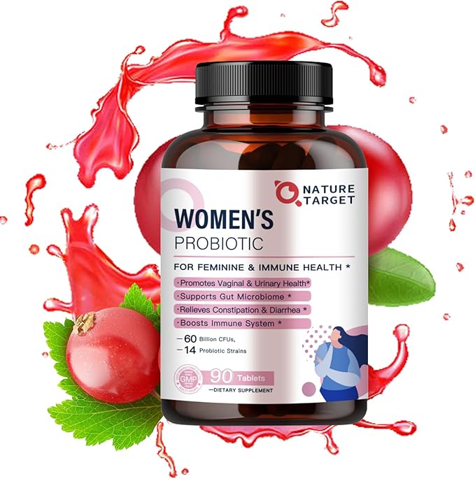NATURE TARGET Probiotics-for-Women with Prebiotics, Cranberry and D-Mannose, 60-Billion-CFUs, Women's Probiotic for Digestive Health/Gut Health/Immune Booster
