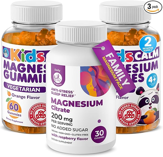 DR. MORITZ Kids Magnesium Citrate Gummies Orange Flavor (120 Count) and 200 mg Calm Magnesium Gummies for Adults in Raspberry Flavor (30 Count) - No Added Sugar & Non-GMO