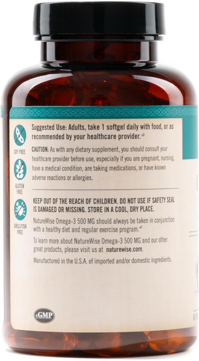 NatureWise Omega 3 Fish Oil - 500 mg per Pill - EPA & DHA - Immune Support, Brain Health & Optimal Wellness - Gluten and Soy Free, Non-GMO - 90 Softgels[3-Month Supply]