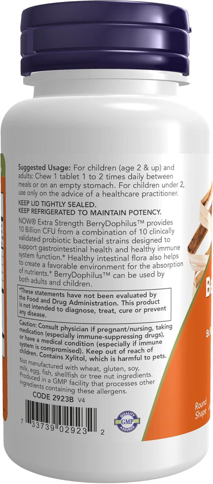 NOW Foods Supplements, BerryDophilus™, Developed for Adults & Children with 10 Probiotic Strains, Extra Strength,Strain Verified, 50 Chewables