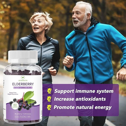 AFXMATE Sambucus Black Elderberry Gummies with Zinc and Vitamin C for Adults Kids Immune Support, Sugar Free 120 Counts