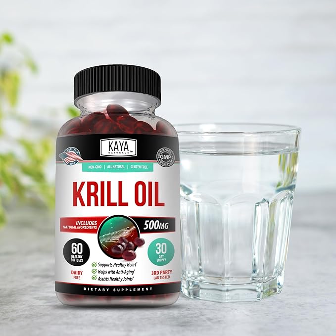 Kaya Naturals - Antarctic Krill Oil 500mg with Omega 3, EPA, DHA, Phospholipids & Astaxanthin Supplement - Brain & Health Vitamin - Anti Aging Supplement - 60 Count Softgels