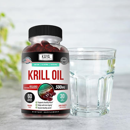 Kaya Naturals - Antarctic Krill Oil 500mg with Omega 3, EPA, DHA, Phospholipids & Astaxanthin Supplement - Brain & Health Vitamin - Anti Aging Supplement - 60 Count Softgels