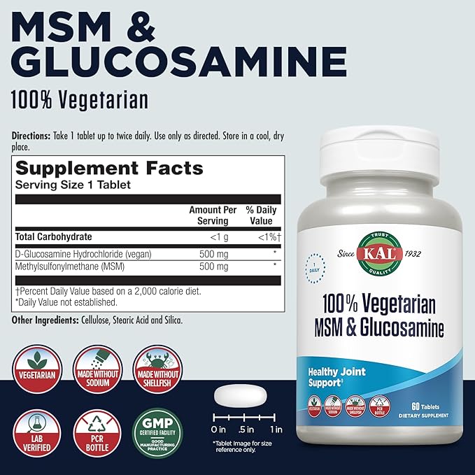 KAL 100% Vegetarian MSM & Glucosamine - Healthy Joint Support - Vegan Glucosamine and MSM Supplement - Made Without Shellfish - Lab Verified - 60-Day Guarantee - 60 Servings, 60 Tablets