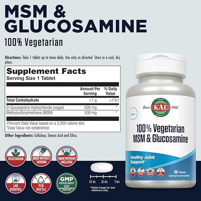KAL 100% Vegetarian MSM & Glucosamine - Healthy Joint Support - Vegan Glucosamine and MSM Supplement - Made Without Shellfish - Lab Verified - 60-Day Guarantee - 60 Servings, 60 Tablets