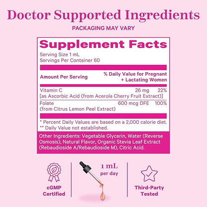 Pink Stork Liquid Folate: Whole-Food Vitamin B9 from Lemon Peels, Natural Folic Acid with Vitamin C, Liquid Prenatal Vitamins for Women, Pregnancy Must Haves, Women-Owned, 2 oz