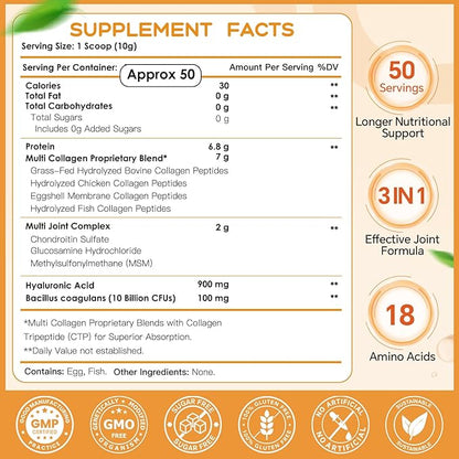 NATURE TARGET Multi-Collagen-Peptides-Powder for Joint Support, Hydrolyzed Collagen for Women Men with MSM + GC, Type I II III V X Collagen for Skin Hair & Nail, Non-GMO, 50 Servings