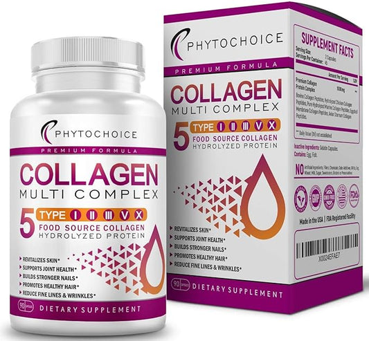 5 Type Multi Collagen Complex - Pure Hydrolyzed Collagen Protein Peptides Types I-II-III-V-X Anti-Aging Collagen Supplements for Skin, Hair Growth, Nails, Joints, for Women and Men - 90 Capsules