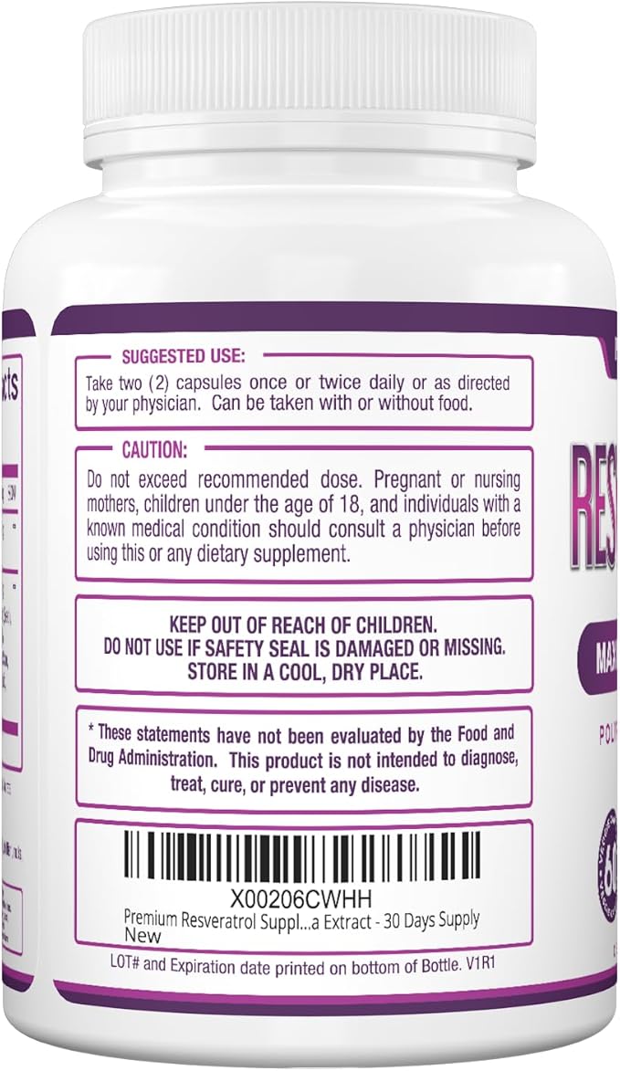 Purely Optimal Resveratrol 1500mg - High Potency Trans-Resveratrol Supplement with Polyphenols, 60 Vegan Capsules - Supports Graceful Aging, Vitality, Immune Function & Total Body Wellness