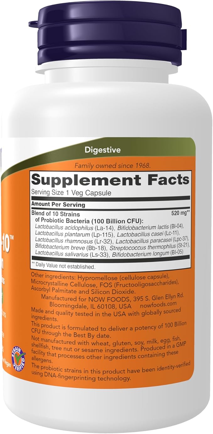 NOW Foods Supplements, Probiotic-10™, 100 Billion, with 10 Probiotic Strains,Dairy, Soy and Gluten Free, Strain Verified, 60 Veg Capsules