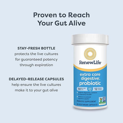 Renew Life Extra Care Digestive Probiotic Capsules, 50 Billion CFU Guaranteed, Daily Supplement Supports Immune, Digestive, Respiratory Health(1), L. Rhamnosus GG, Dairy, Soy and Gluten-Free, 60 Count