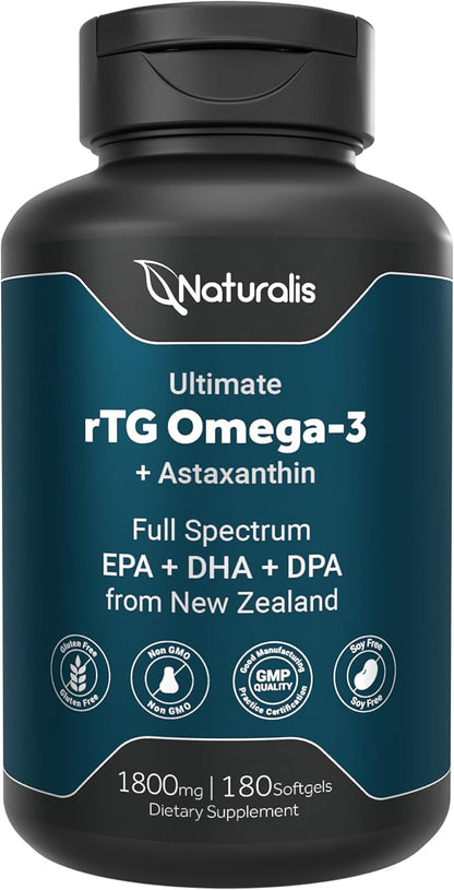 Ultimate rTG Omega 3 Fish Oil 1800mg from Wild New Zealand Tuna - Full Spectrum Omega3s EPA, DHA & DPA - Sustainably Sourced, Non-GMO, Gluten Free - 180 Softgels