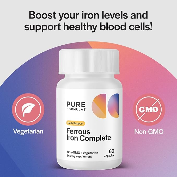 Ferrous Iron Complete: 29 mg Iron Supplement Iron with Vitamin C, Vitamin B12, B6, Thiamin and Folate Blood Support Supplement for Men & Women Without GI Side Effects - 60 Capsules